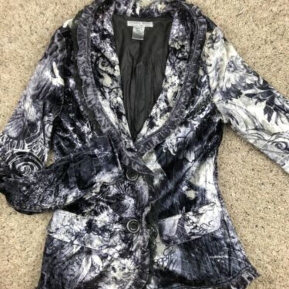 ALBERTO Makali Women’s Small Jacket Ruffled Laced Soft Two Button Floral BLK WH - Picture 1 of 8